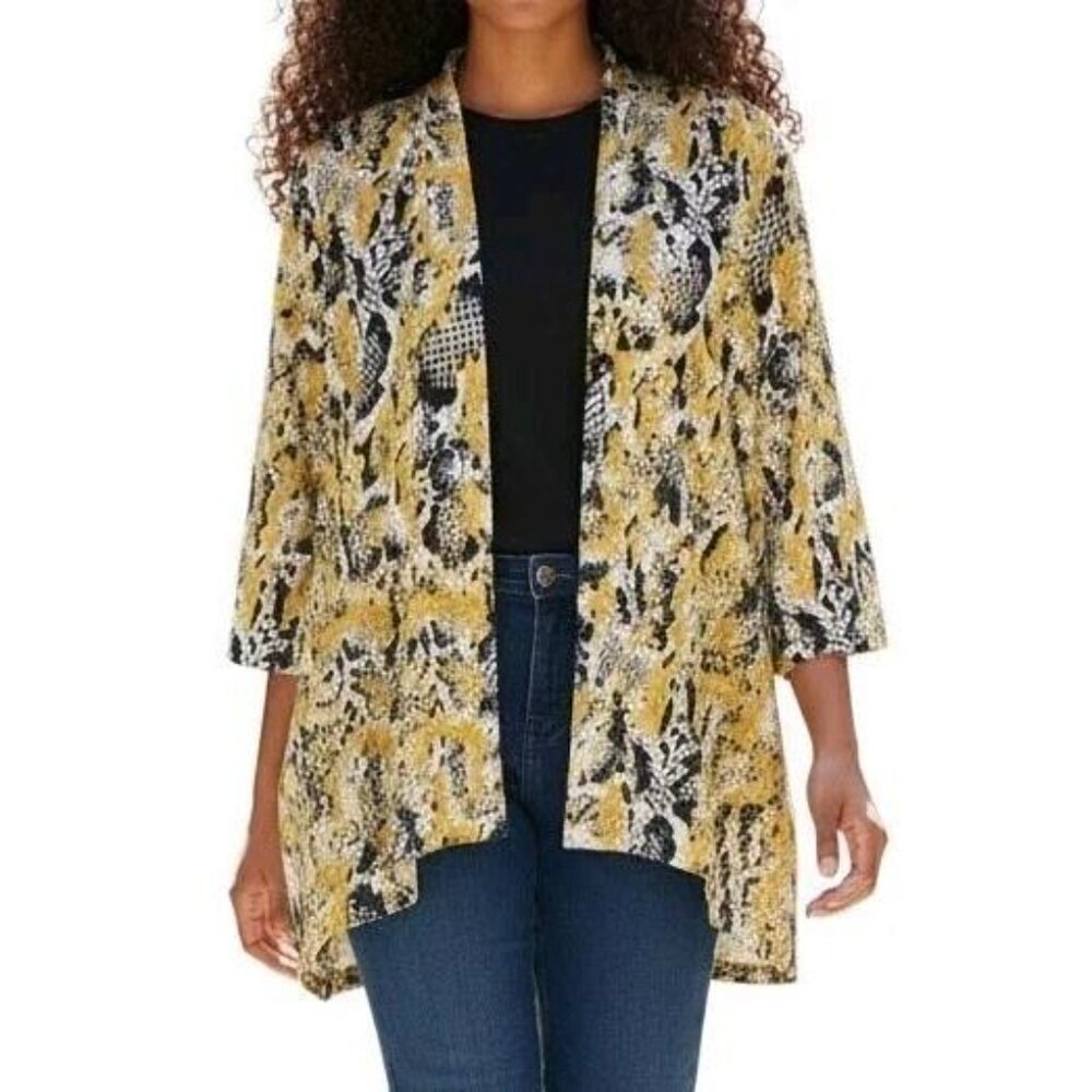 Kasper Longline Cardigan Size 2X Black White Gold Metallic Open Front 3/4 Sleeve